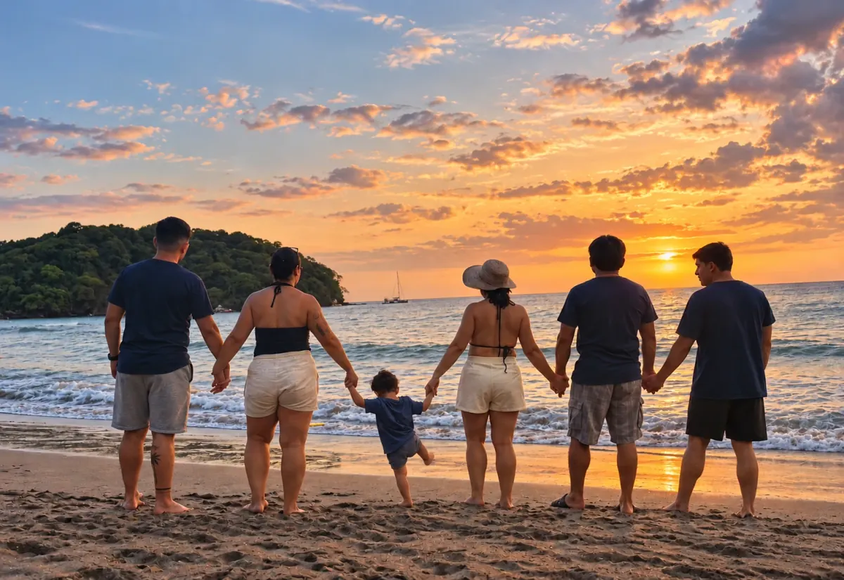 La familia de K&E Family Business tomada de la mano frente al mar al atardecer, en Costa Rica