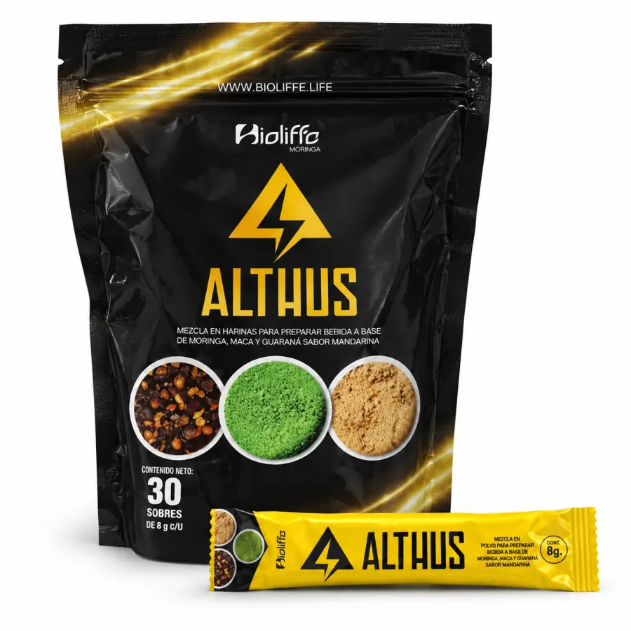 Althus de Bioliffe, energizante natural con maca amarilla, maca negra, moringa y guaraná, disponible en Costa Rica