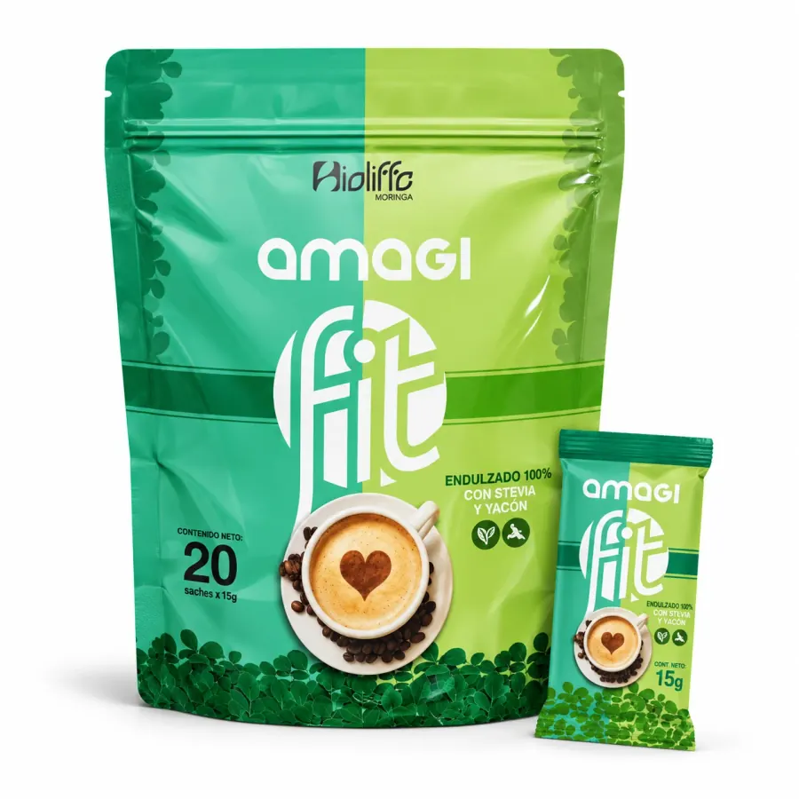 Amagi Fit de Bioliffe, café tipo cappuccino con moringa endulzado con estevia y yacón, presentación de 20 sobres, disponible en Costa Rica