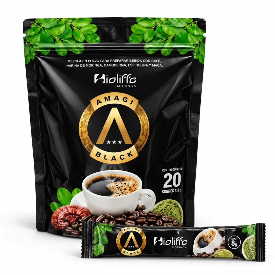 Amagi Black de Bioliffe, café con moringa, ganoderma, espirulina y maca, disponible en Costa Rica