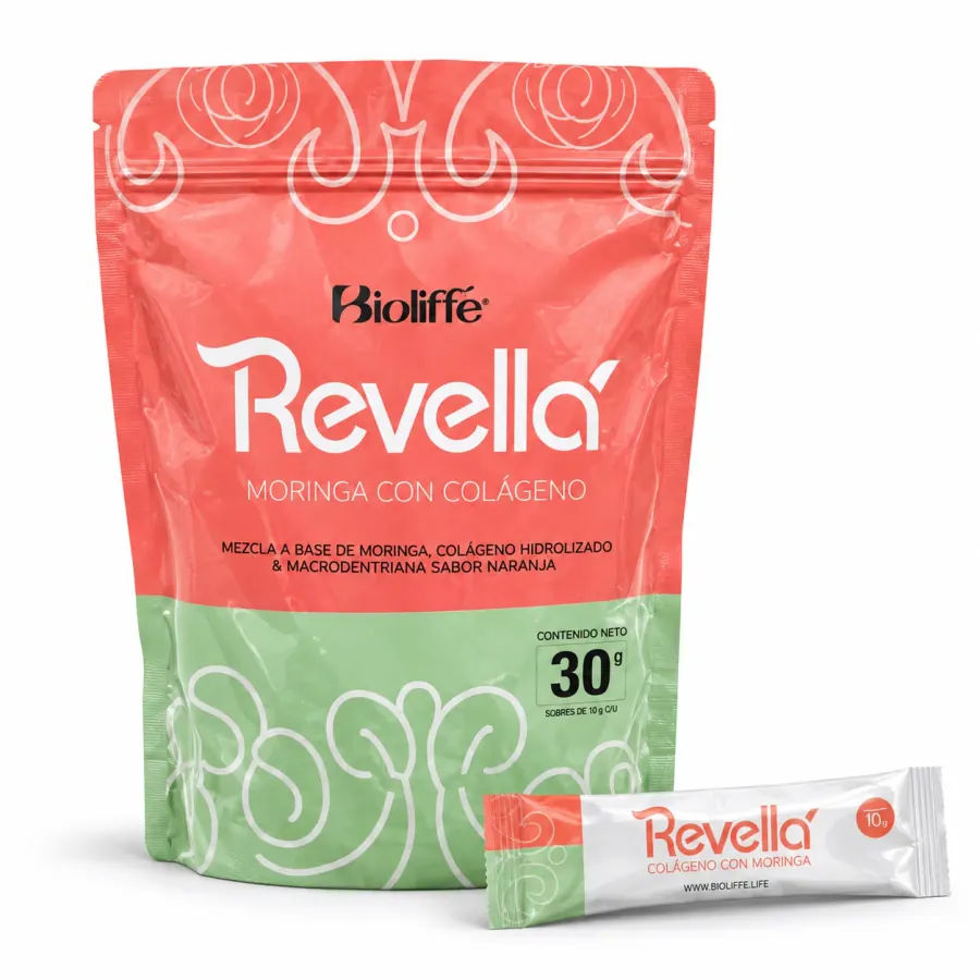 Colágeno Revella de Bioliffe, colágeno hidrolizado bovino con moringa y vitamina C sabor mandarina, disponible en Costa Rica